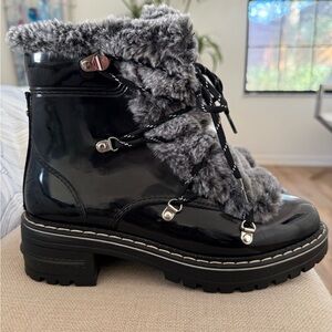 Tommy Hilfiger Glossy Black Patent Leather Boots with Quality Fur